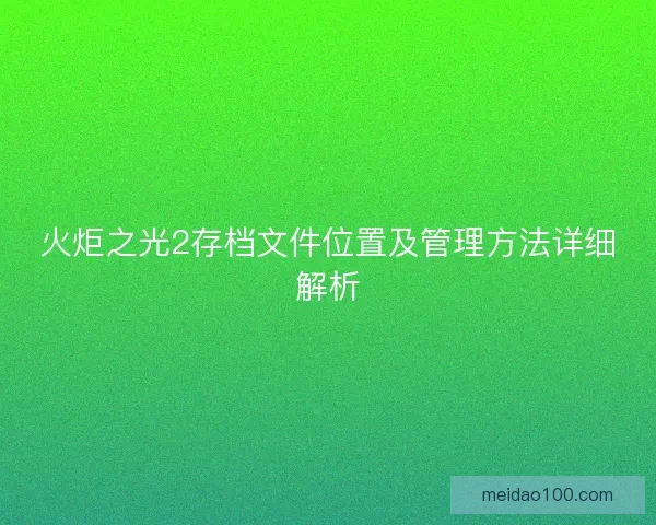 火炬之光2存档文件位置及管理方法详细解析 火炬之光2存档文件位置及管理方法详细解析